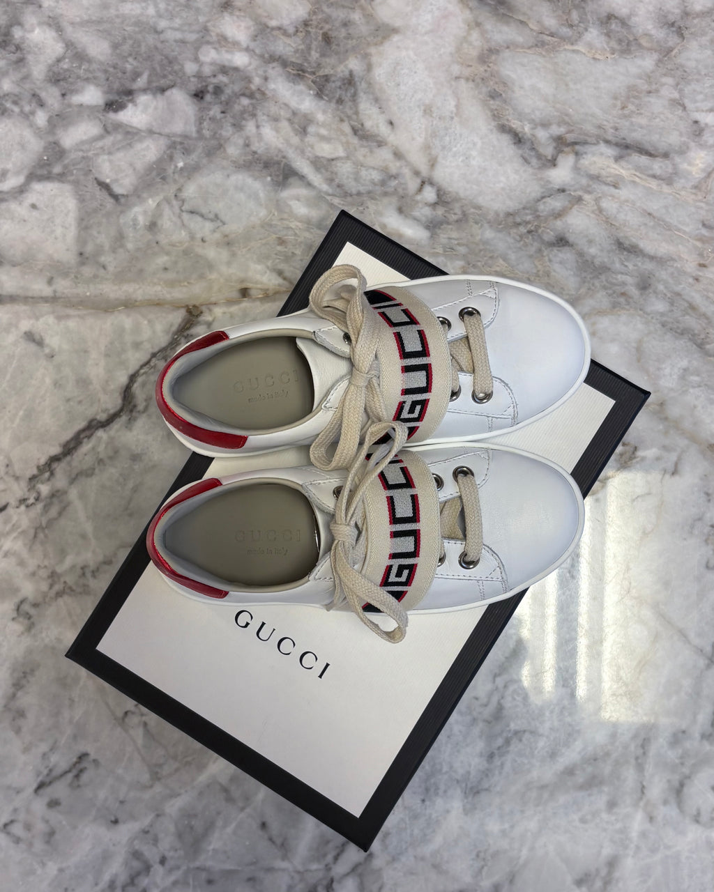 Gucci Kids Logo Elastic Band Leather Sneakers, White