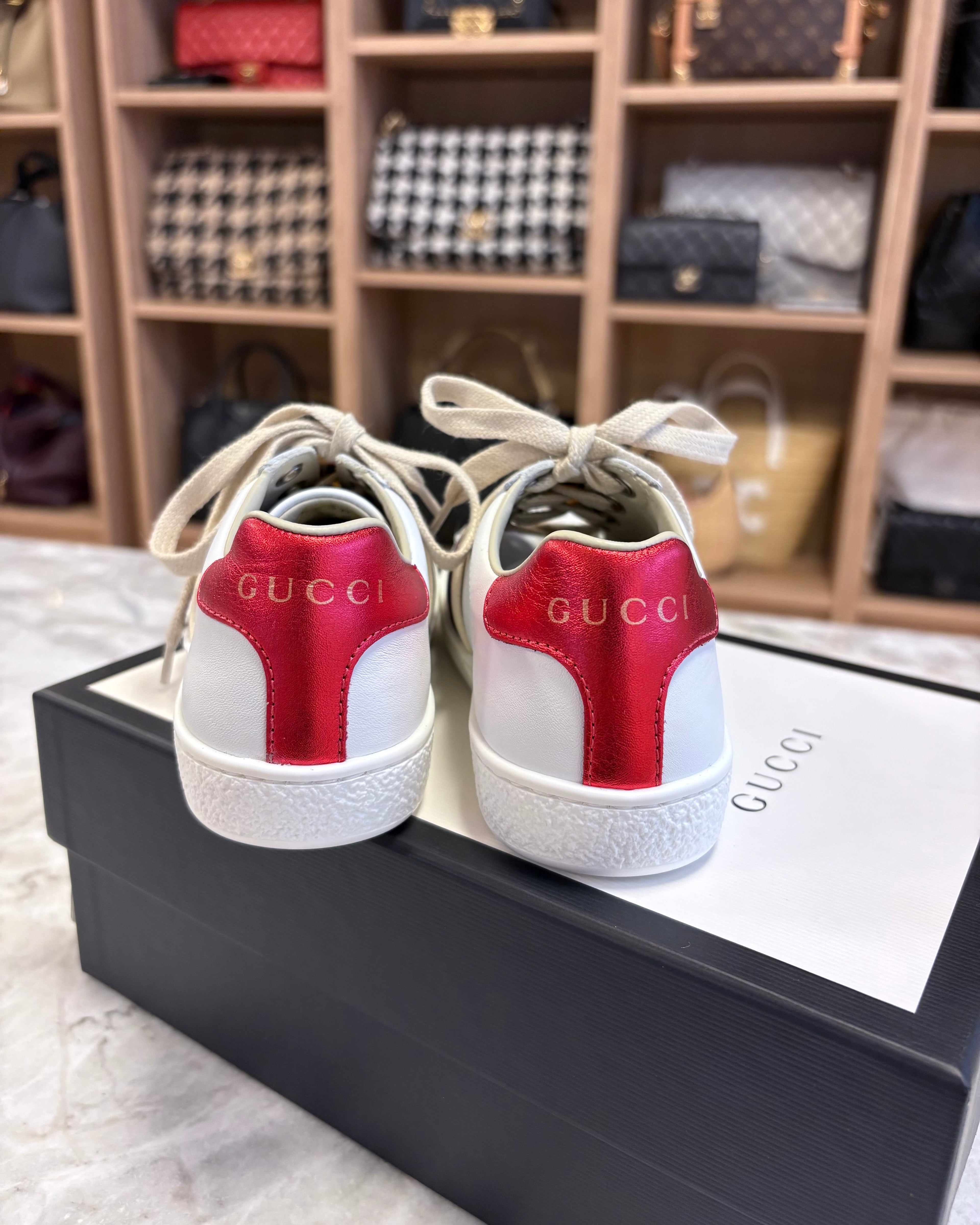 Gucci Kids Logo Elastic Band Leather Sneakers, White