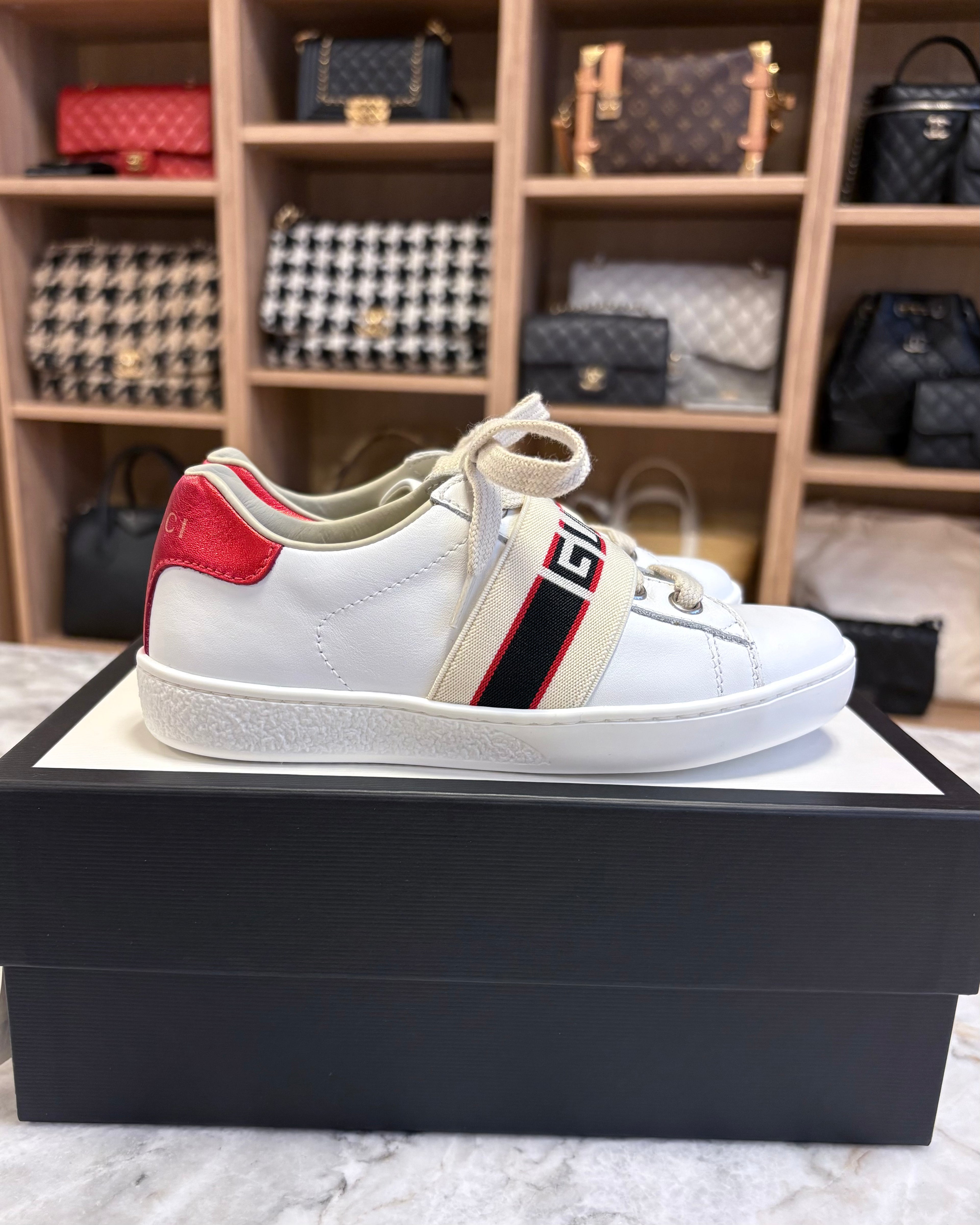 Gucci Kids Logo Elastic Band Leather Sneakers, White
