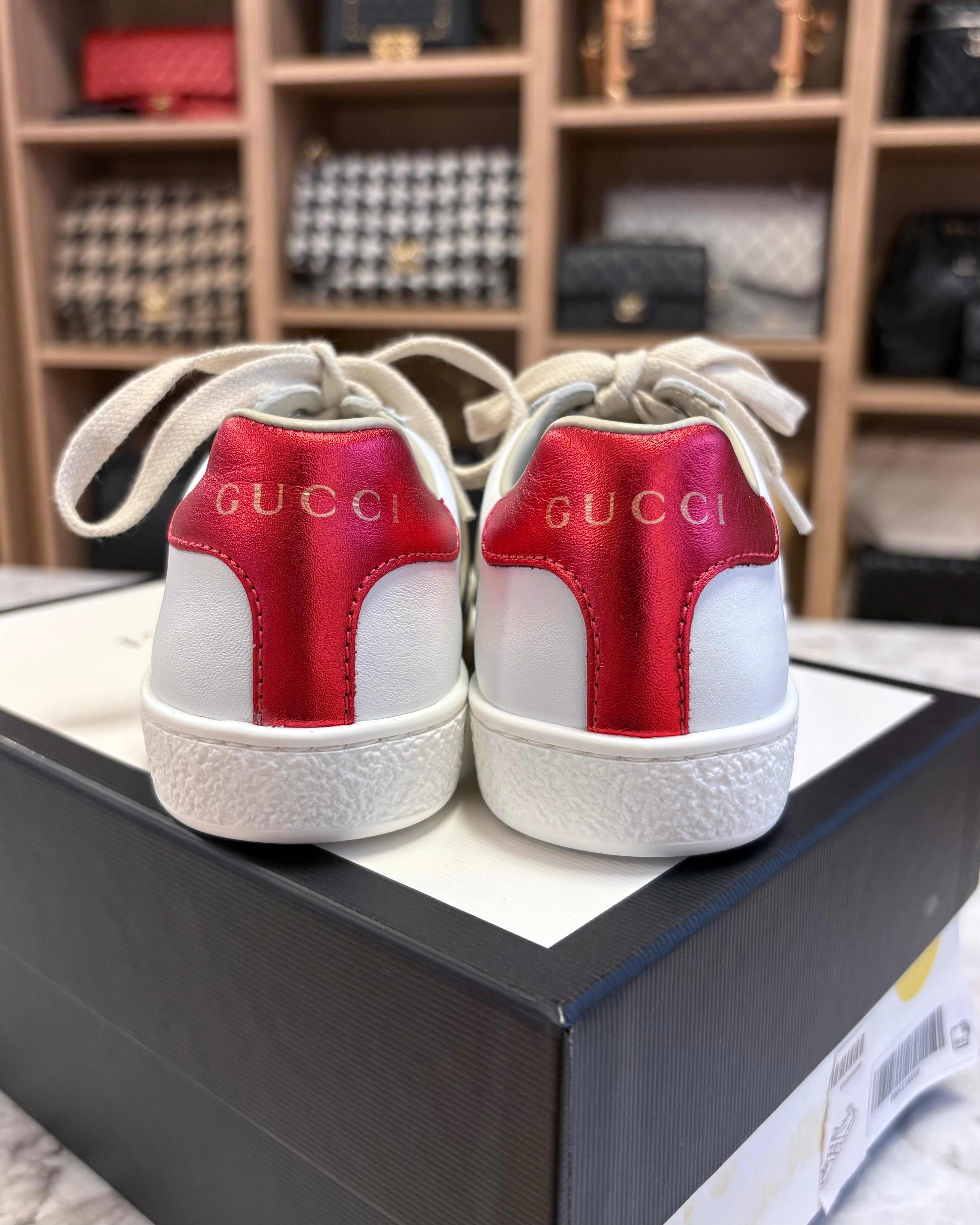 Gucci Kids Logo Elastic Band Leather Sneakers, White