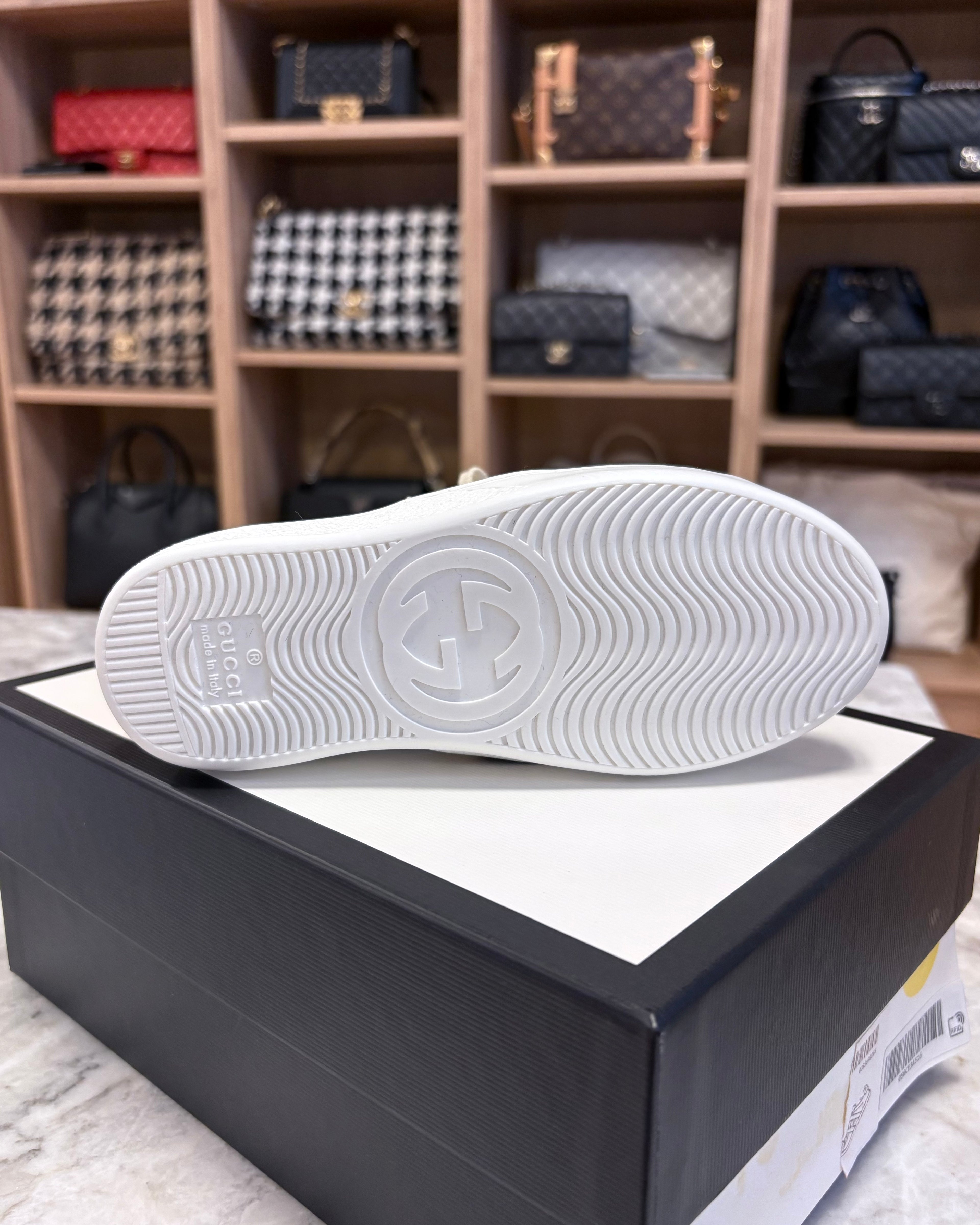 Gucci Kids Logo Elastic Band Leather Sneakers, White