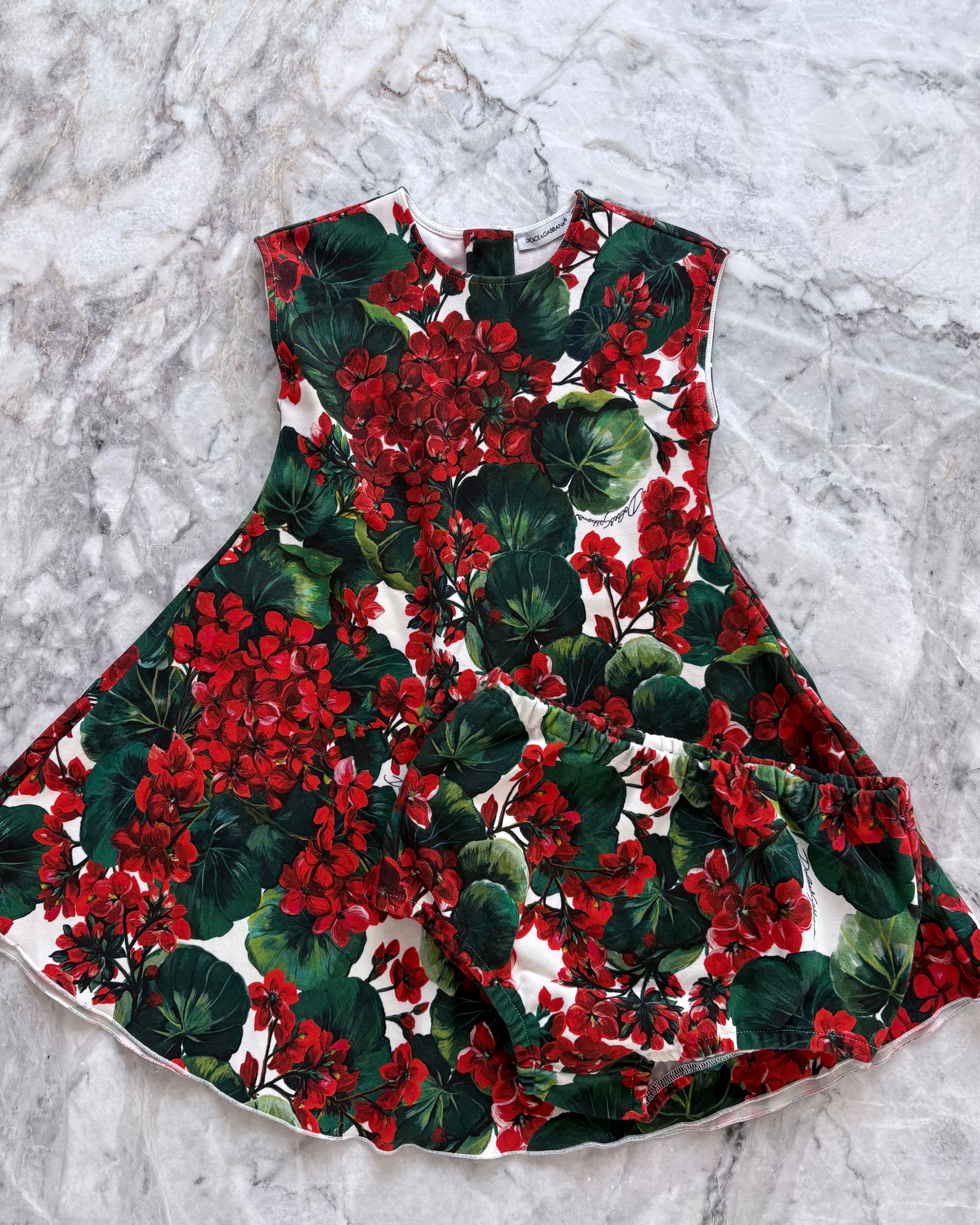 Dolce & Gabbana Kids Floral Cotton Dress with Diaper Cover, Red & Green