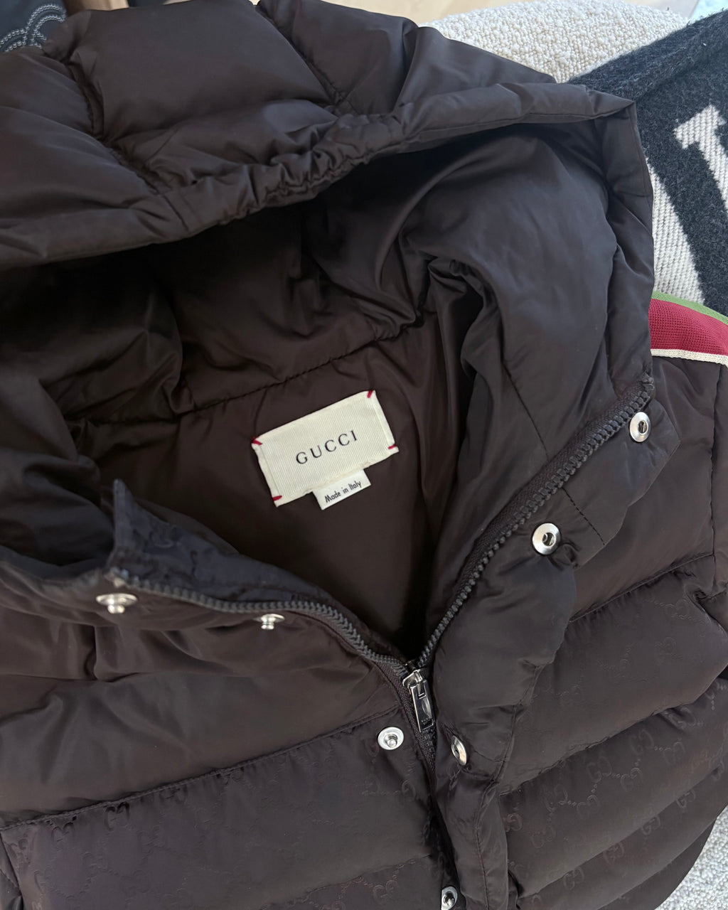 Gucci Monogram Down Puffer Jacket, Brown