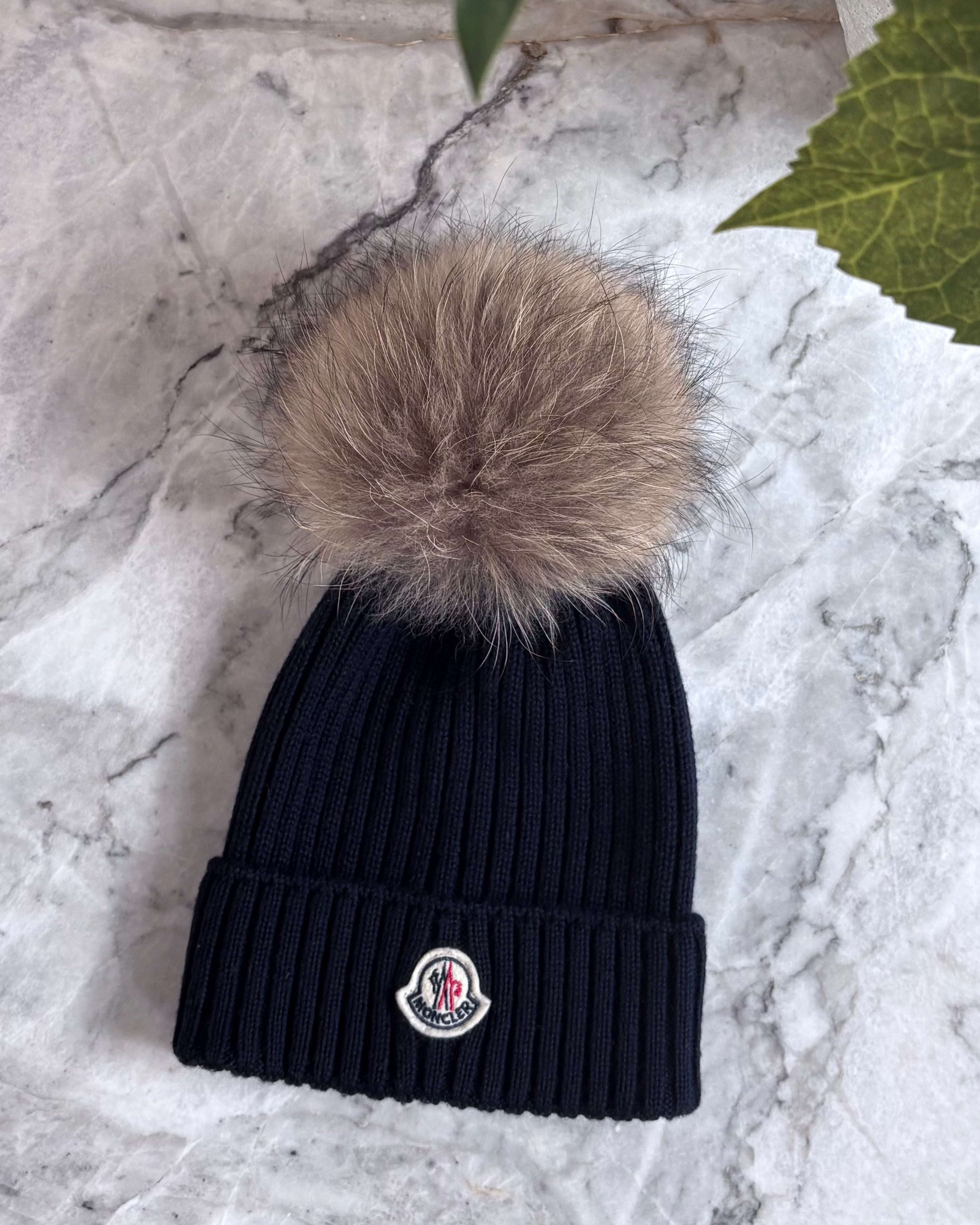 Moncler Kids Ribbed Knit Pom Pom Beanie in navy, size M