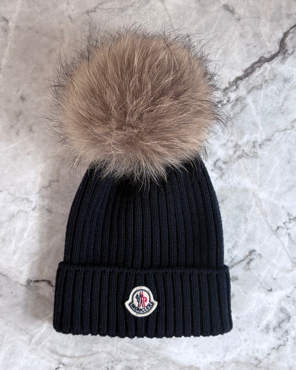 Moncler Kids Ribbed Knit Pom Pom Beanie, Navy