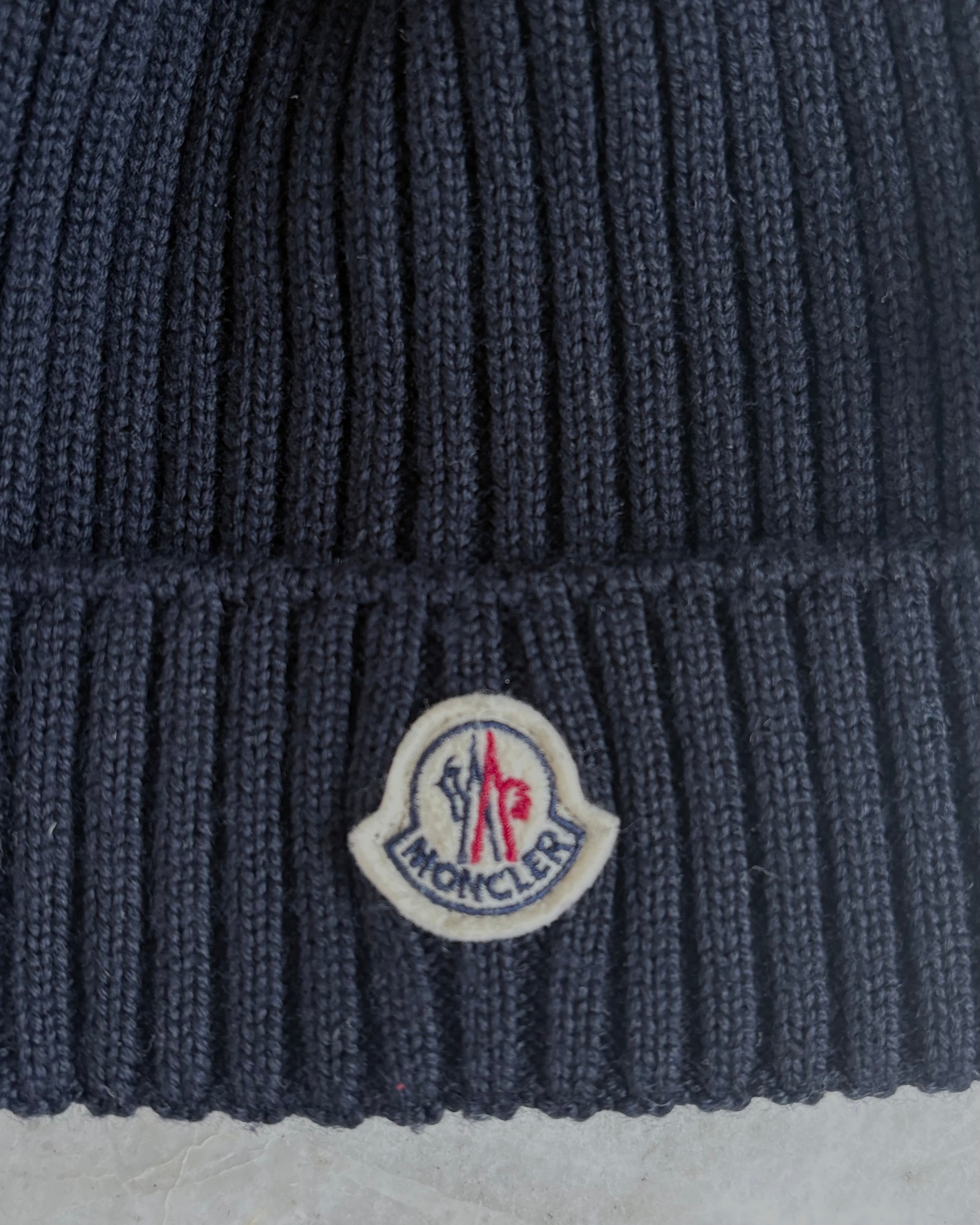 Moncler Kids Ribbed Knit Pom Pom Beanie, Navy