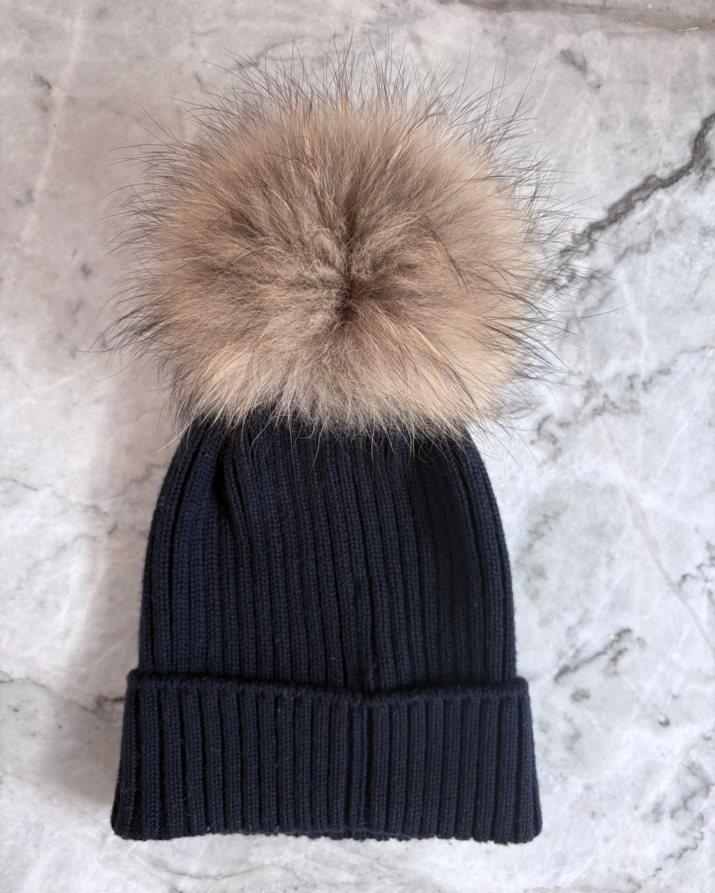 Moncler Kids Ribbed Knit Pom Pom Beanie, Navy