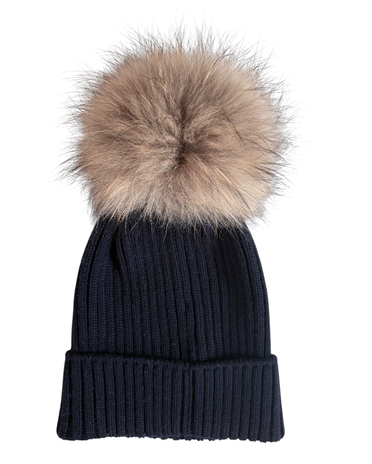 Moncler Kids Ribbed Knit Pom Pom Beanie, Navy
