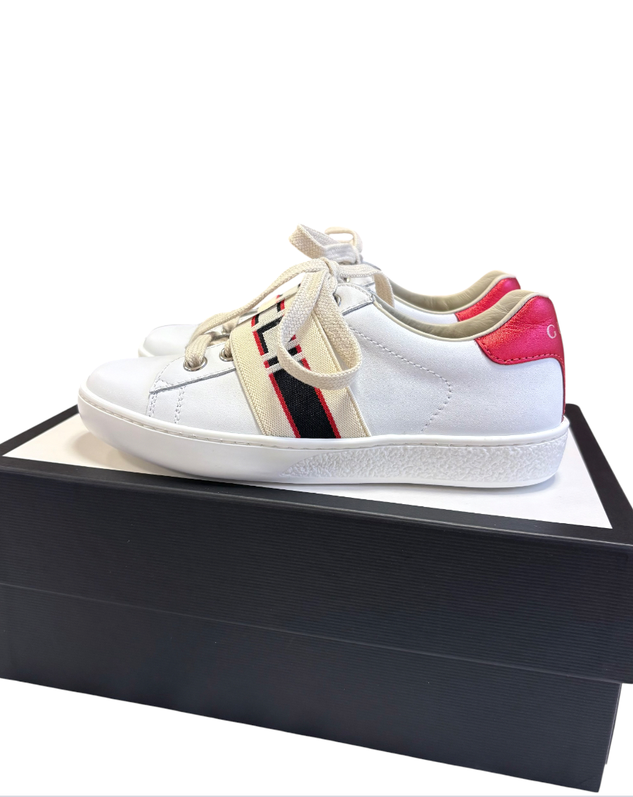 Gucci Kids Logo Elastic Band Leather Sneakers, White