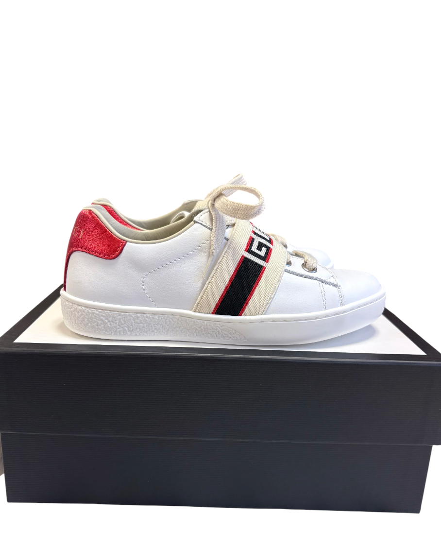 Gucci Kids Logo Elastic Band Leather Sneakers, White
