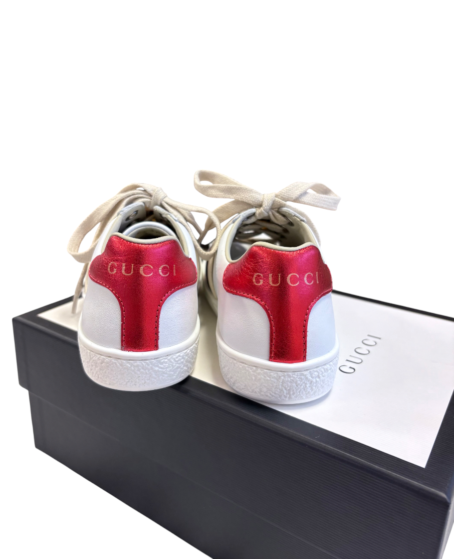 Gucci Kids Logo Elastic Band Leather Sneakers, White