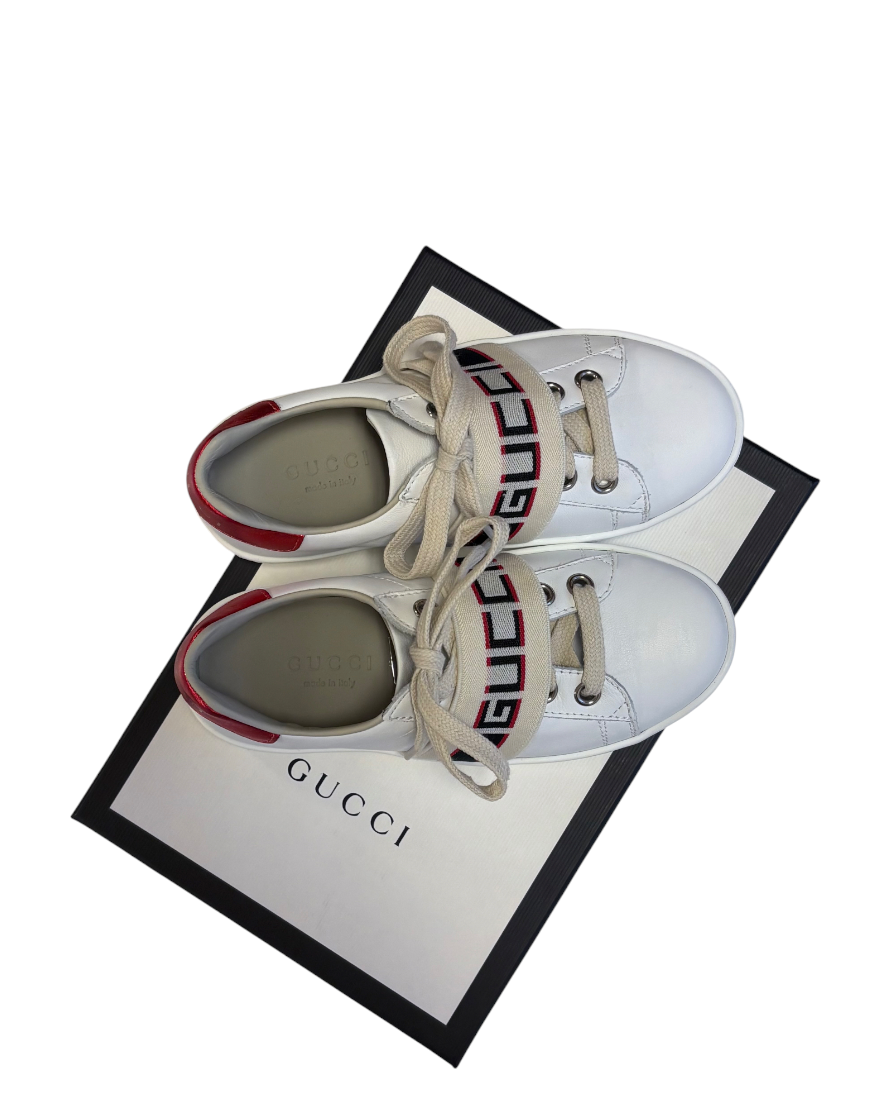 Gucci Kids Logo Elastic Band Leather Sneakers, White