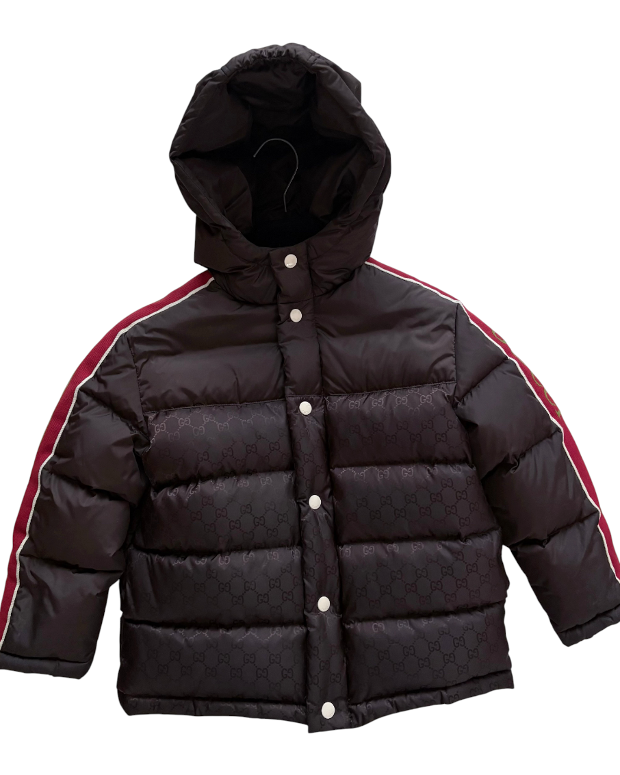 Brown puffer jacket with red and green stripes on a white background