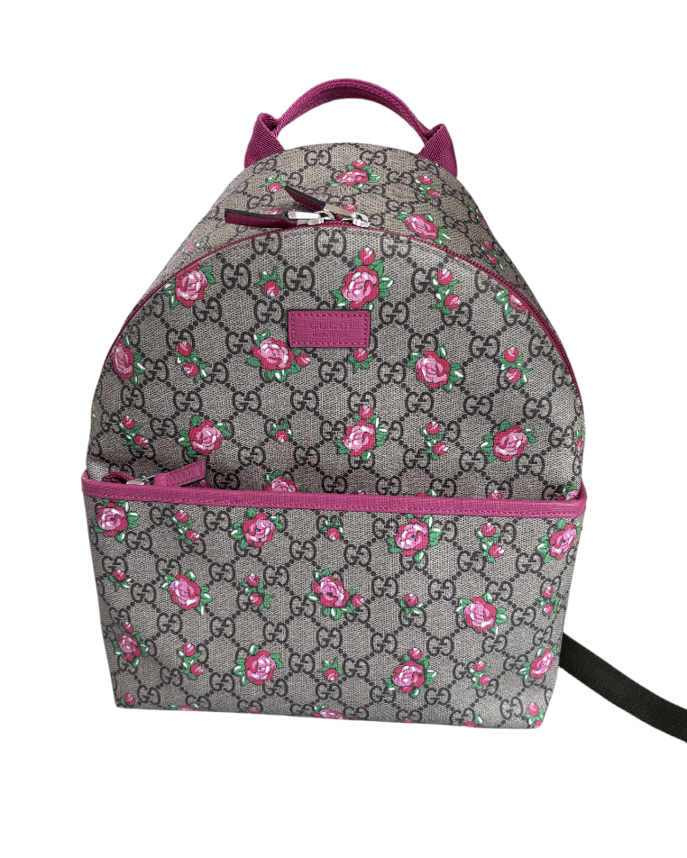 Backpack with floral pattern and pink accents on a white background